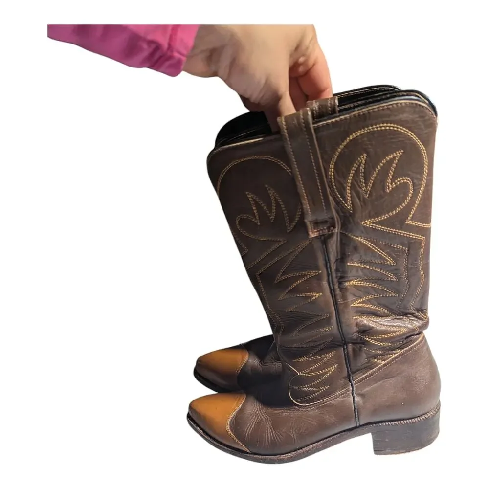 Vtg 1970s Brown Tan Leather Pointed Cap Toe Cowboy Western Boots Sz 10.5